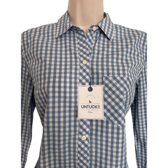Untuckit Crispo Gingham Size 2 Button Up Cotton Shirt NWT Check Blue White - Picture 6 of 10